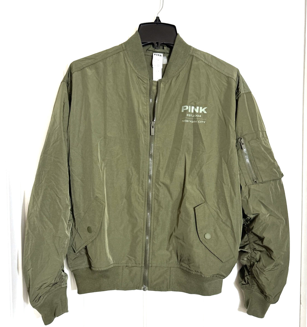 Victoria’s Secret PINK Bomber Jacket Army Olive Green Zipper Gorpcore NWT S/P
